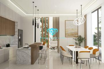 Modern open plan kitchen with dining area and stylish lighting fixtures