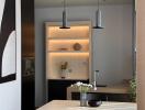 Modern kitchen with dining area and stylish pendant lighting