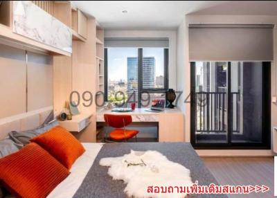 Modern bedroom with city view and balcony access