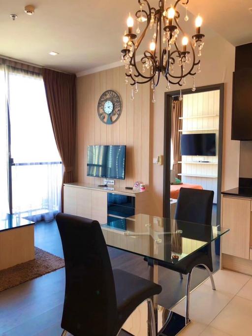 Modern living room with kitchenette and dining area in a well-lit apartment