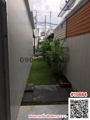 Narrow outdoor passageway with green plants and pathway leading to a house