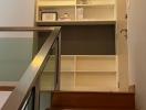 Modern staircase landing with built-in shelving and storage space