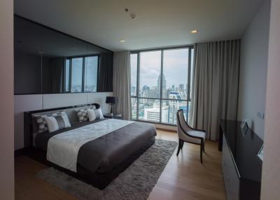 Modern bedroom with a panoramic city view through floor-to-ceiling windows