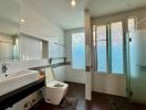 Modern bathroom with shower and frosted glass windows