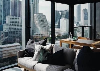Cozy modern living room with a city view