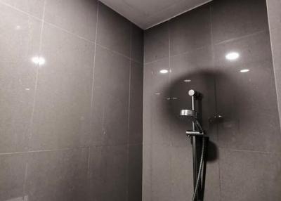 Modern bathroom with a spacious walk-in shower and dark tiles