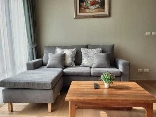 Cozy living room with a comfortable grey sofa, wooden coffee table, and elegant decor