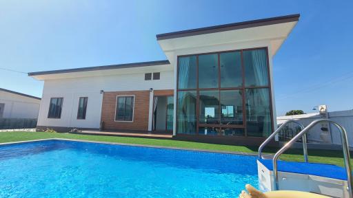 Modern house exterior with pool and clear blue sky