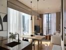 Modern apartment interior with open plan living space, large windows, and city view