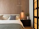 Modern bedroom with wood accent wall and elegant decor