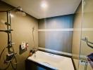 Modern bathroom with rain showerhead and well-lit vanity