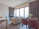 Modern living room with dining area and city view