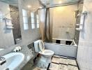 Bright bathroom with modern fixtures and a bathtub