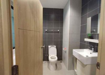 Modern bathroom with gray tiles and wooden cabinetry