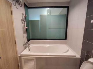 Modern bathroom with bathtub and frosted glass window