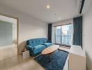 Modern living room with city view from high-rise building