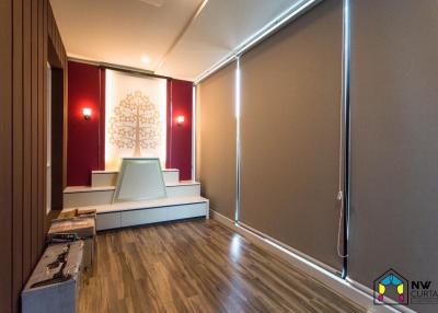 Modern bedroom with elegant design and hardwood flooring