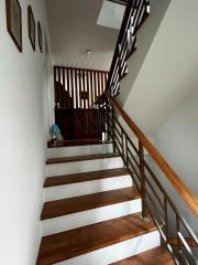 Wooden staircase with white risers and dark wood bannisters inside a house