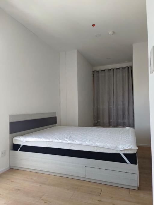 Minimalist bedroom with double bed and hardwood floors