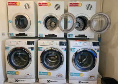 Row of new washing machines on display in an appliance store