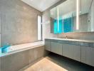 Modern bathroom with a bathtub and double vanity