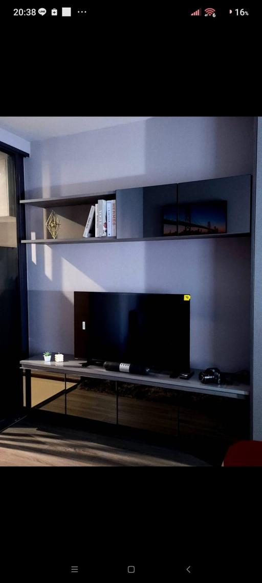 Modern living room interior with wall-mounted shelves, a television, and decorative items