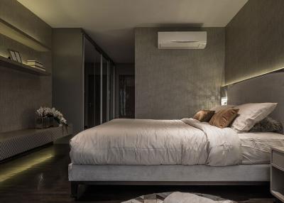 Modern cozy bedroom with dim lighting and elegant decor