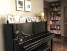 Elegant living room interior with a grand piano and bookshelves