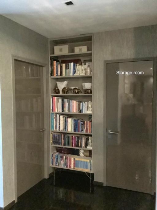 Hallway with bookshelf and storage room door