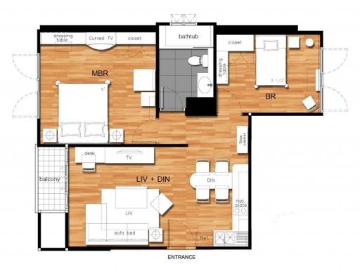 Architectural floor plan of a modern apartment