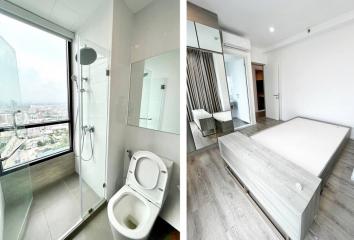 Modern bathroom with city view and adjacent bright bedroom