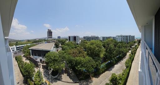 Panoramic city view from the balcony of an apartment