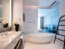 Modern bathroom interior with marble finish and stand-alone bathtub