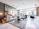 Spacious and well-lit modern living room with city view