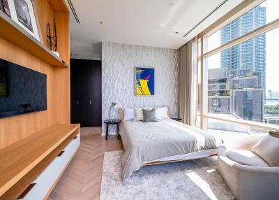 Modern bedroom with large windows and city view