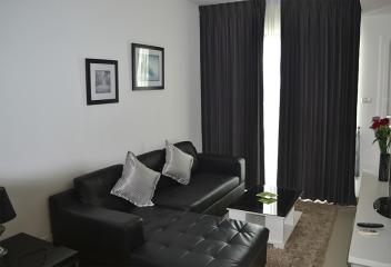 Modern living room with black leather sofa and contrasting white walls