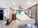 Elegant living room with white grand piano and contemporary decor