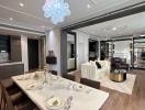 Elegant dining and living room space with modern furniture and stylish decor