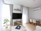 Modern living room with natural light and contemporary furniture