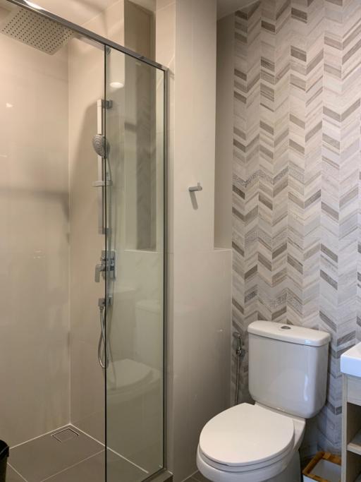 Modern bathroom interior with a glass shower and tile walls