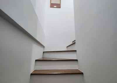 Minimalistic staircase with wooden steps and white walls