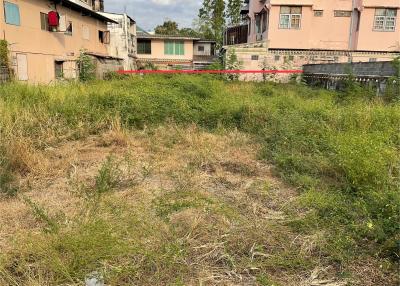 Overgrown vacant lot with wild grass and surrounding houses