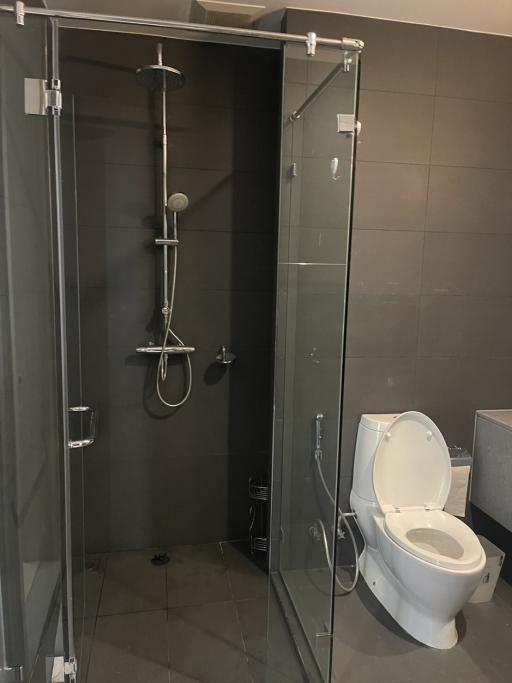 Modern bathroom interior with a glass shower cabin and toilet