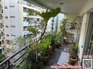 Spacious balcony with lush plants and wooden decking