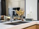 Modern kitchen countertop with stylish faucet and sink