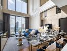 Luxurious living room with city view, high ceilings, and elegant furnishings