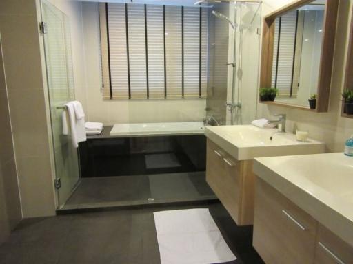 Modern bathroom interior with a large mirror and double sink