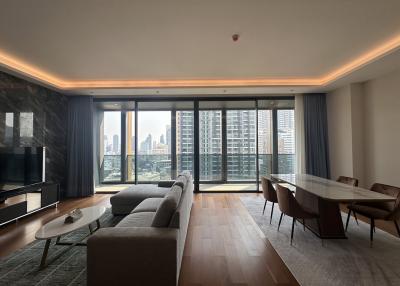 Modern living room with city view and natural light