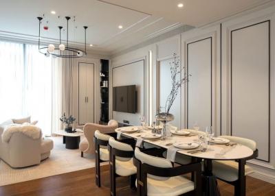 Elegant dining room with adjoining living area
