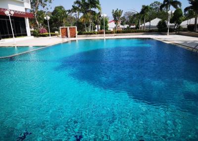 Sparkling outdoor swimming pool with surrounding greenery and a clear blue sky